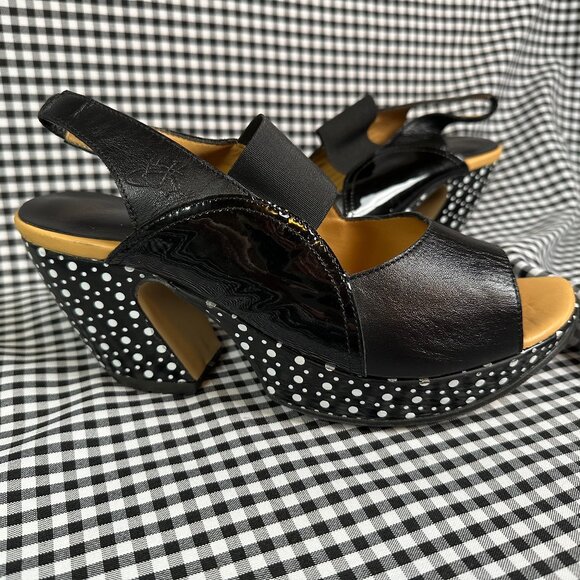 John Fluevog Propel Platform Slingback Polka Dot Pump Black White Women's 10.5